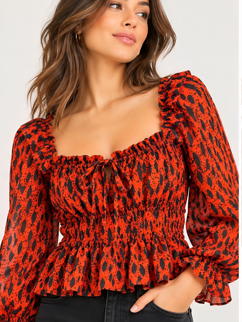 Topshop Petite Orange Black Leopard Print Ruffle Top